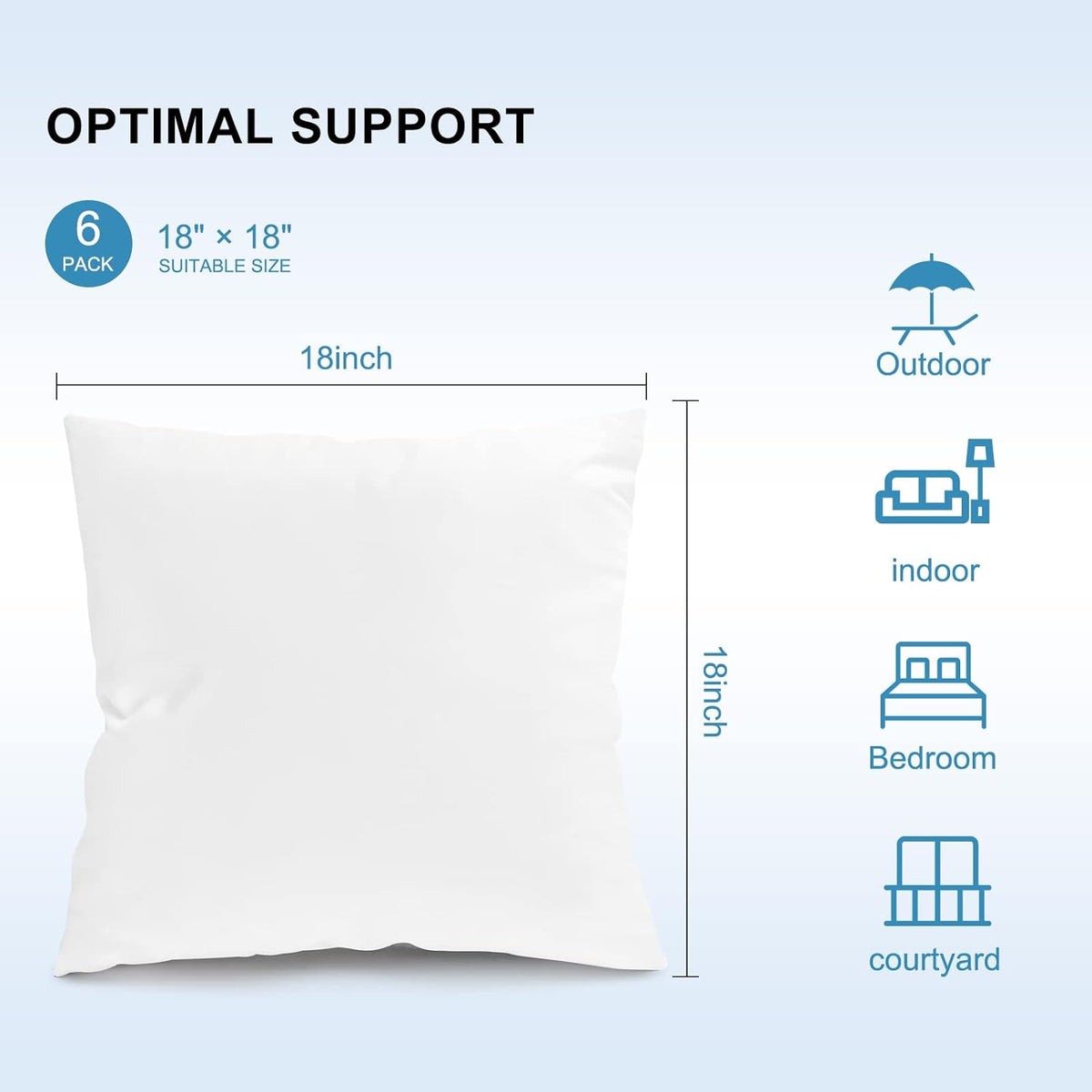 Fixwal 18x18 Outdoor Pillow Inserts Set of 6, Waterproof Decorative Throw Pillows Insert, Square Pillow Form for Patio, Furniture, Bed, Living Room, Garden (White)