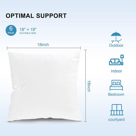 Fixwal 18x18 Outdoor Pillow Inserts Set of 6, Waterproof Decorative Throw Pillows Insert, Square Pillow Form for Patio, Furniture, Bed, Living Room, Garden (White)