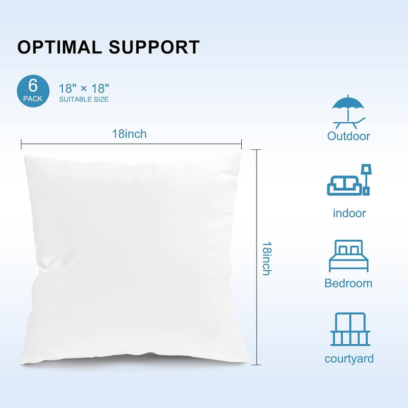 Fixwal 18x18 Outdoor Pillow Inserts Set of 6, Waterproof Decorative Throw Pillows Insert, Square Pillow Form for Patio, Furniture, Bed, Living Room, Garden (White)