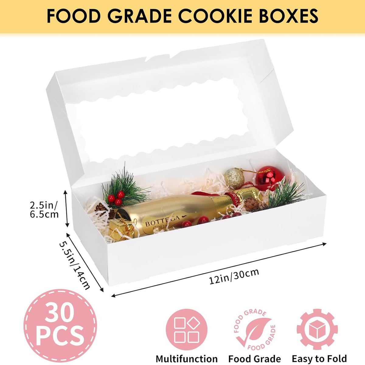 Moretoes 30pcs Auto-Popup Cookie Boxes, 12x5.5x2.5 Inch White Bakery Box with Window for Treats, Chocolate Covered Strawberry, Donuts, Pastries, Cake Pop