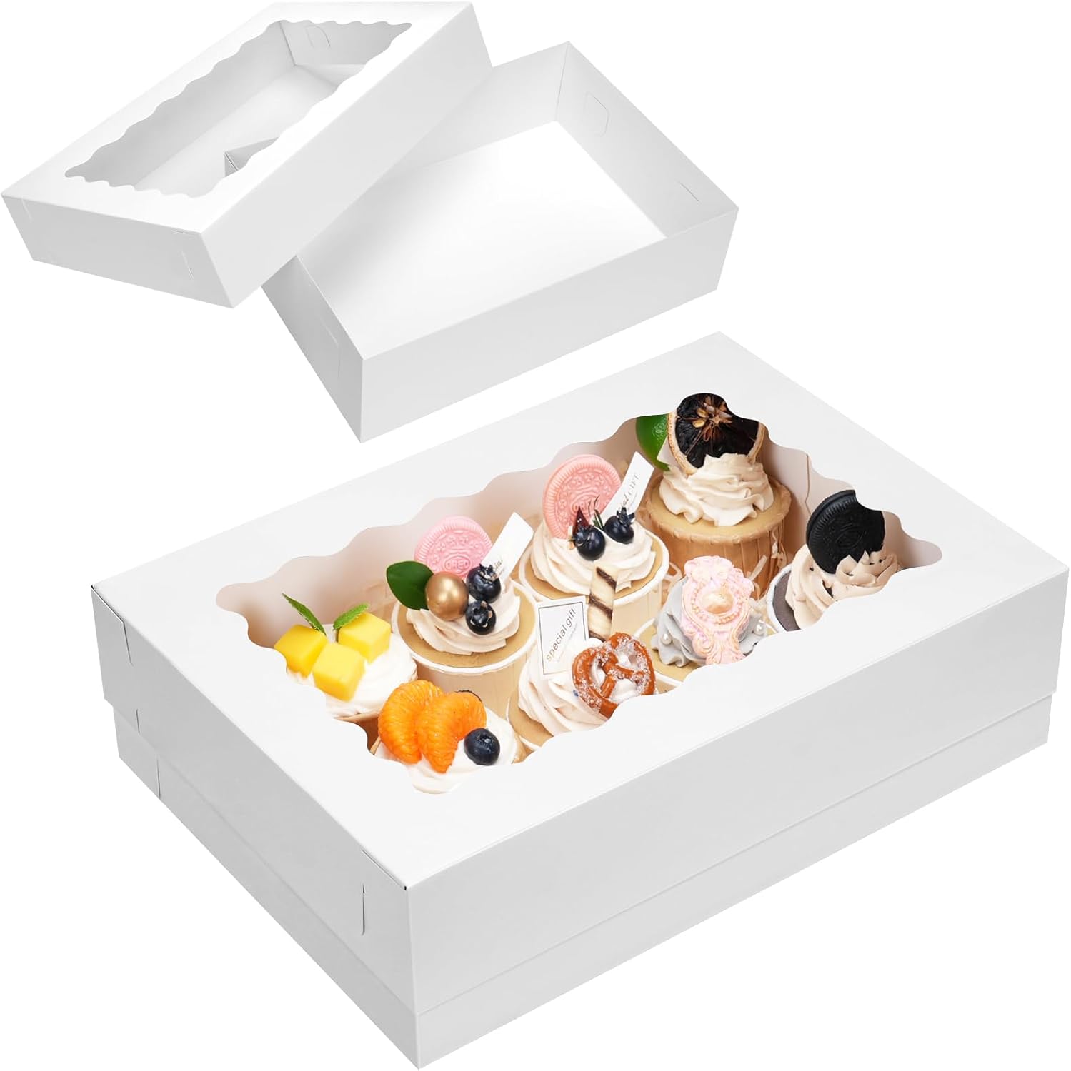 Moretoes 20pcs 14x10x4in Sheet Cake Boxes, White Rectangle Quarter Bakery Boxes with Window, for Cake Pastry Baking Donuts Cupcake Pie Packaging
