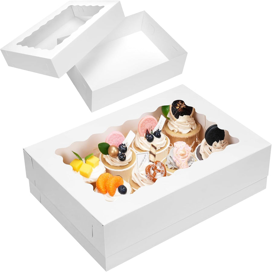 20pcs 14x10x4in Sheet Cake Boxes, White Rectangle Quarter Bakery Boxes with Window, for Cake Pastry Baking Donuts Cupcake Pie Packaging