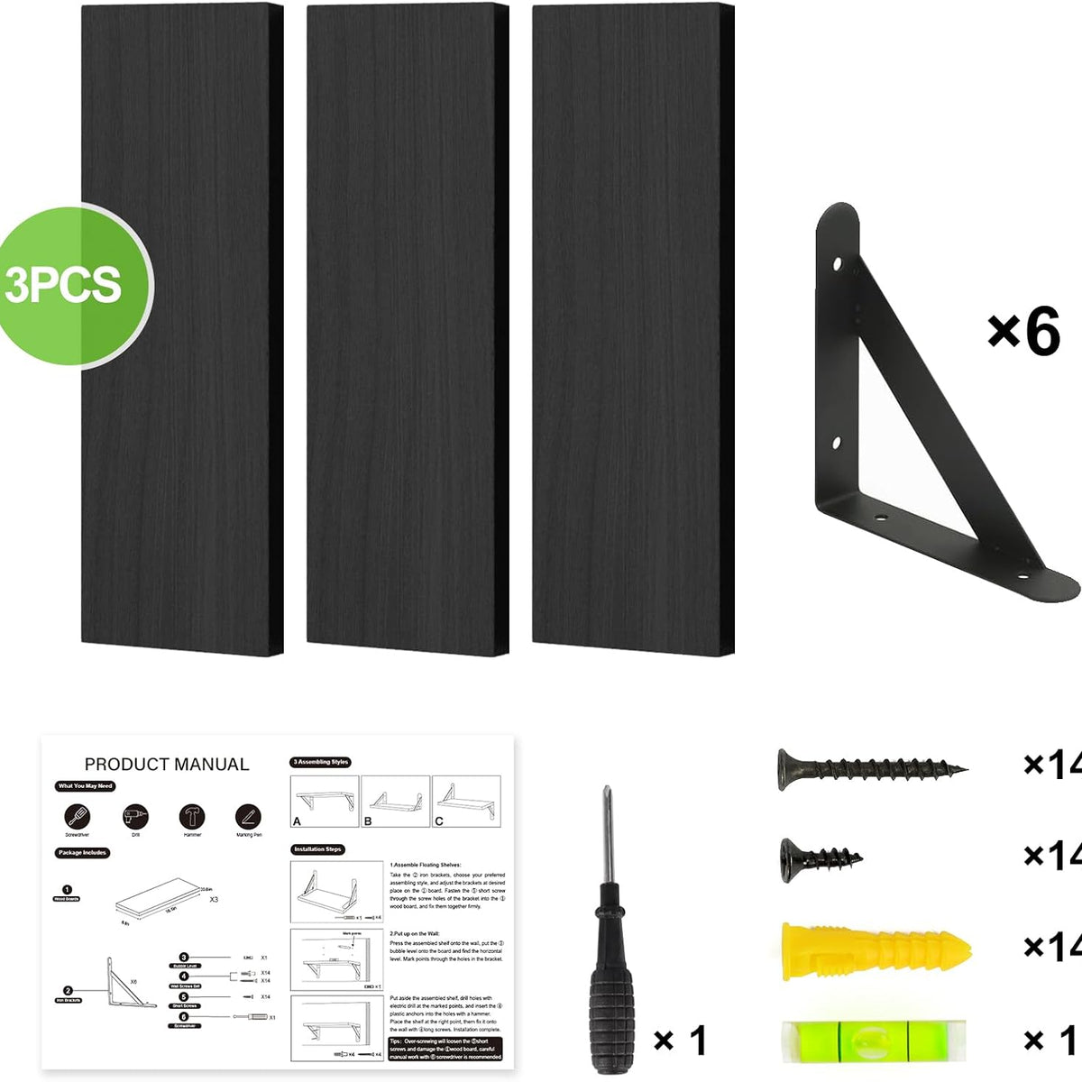 Fixwal Black Shelves for Wall, Wood Wall Mounted Floating Shelves for Bedroom, Bathroom, Living Room, Kitchen Storage and Decor(Black, Set of 3, 16.5 Inch)