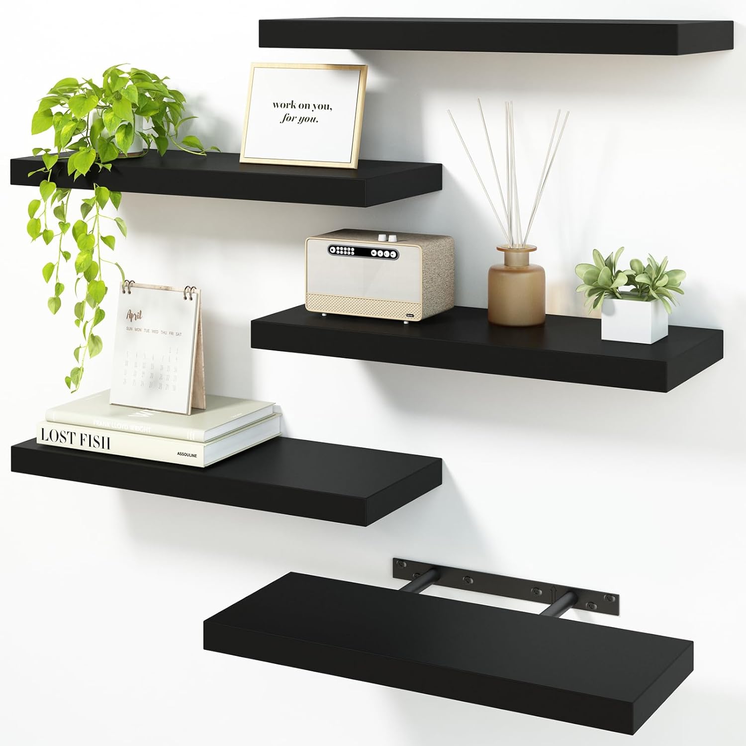 Fixwal 15.8in Floating Shelves for Wall, Black Shelves Wall Mounted Shelf with Invisible Bracket for Bathroom, Living Room, Bedroom, Kitchen, Office Decor (5 Pack)