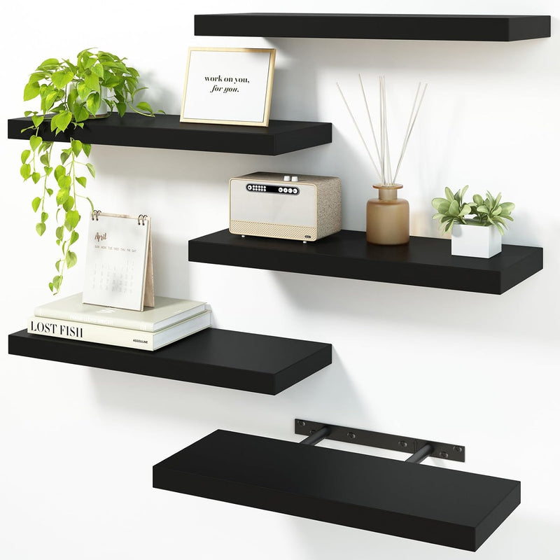 Fixwal 15.8in Floating Shelves for Wall, Black Shelves Wall Mounted Shelf with Invisible Bracket for Bathroom, Living Room, Bedroom, Kitchen, Office Decor (5 Pack)