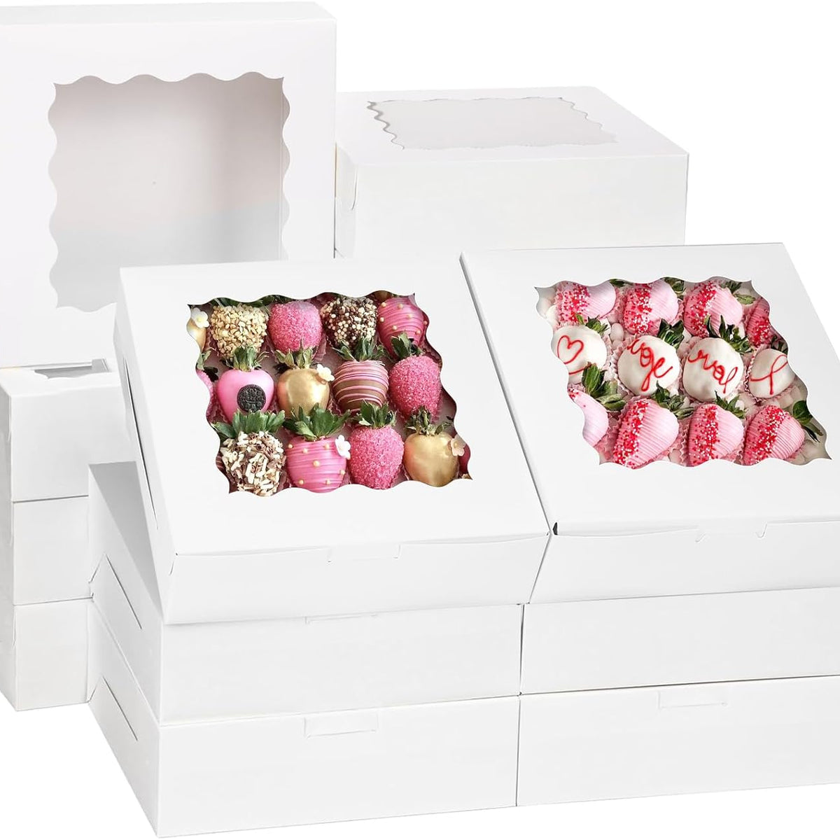 Moretoes 30pcs Bakery Boxes, 8x8x2.5 Cookie Boxes with Window, White Treat Containers for Donuts, Chocolate Strawberries, Pie, Birthday Party, Mother's Day, Weddings
