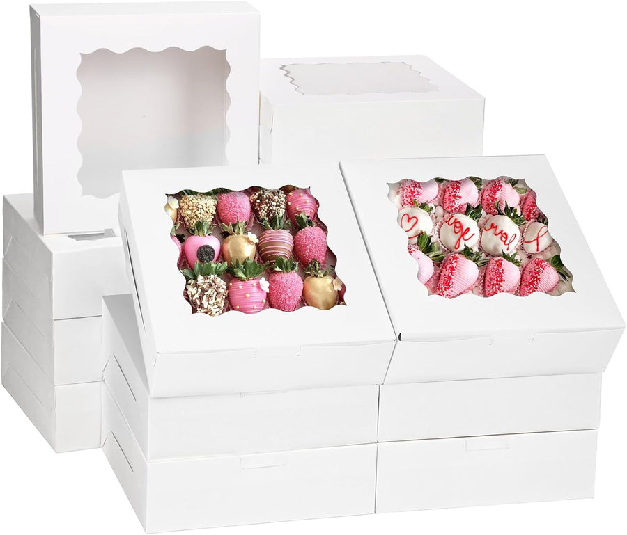 30pcs Bakery Boxes, 8x8x2.5 Cookie Boxes with Window, White Treat Containers for Donuts, Chocolate Strawberries, Pie, Birthday Party, Mother's Day, Weddings