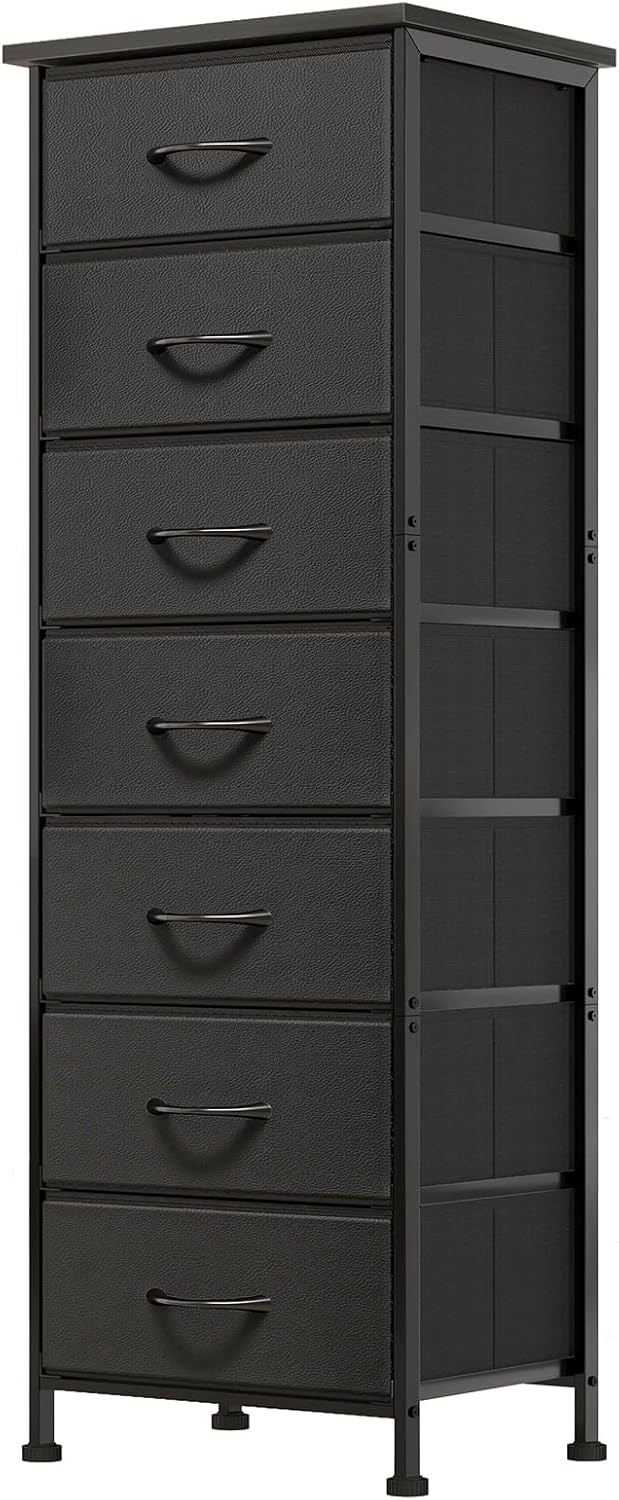 Black Tall Skinny Dresser for Bedroom, Narrow Storage Dresser Organizer with 7 Fabric Drawers, Nightstand Furniture in Closet, Entryway, Hallway