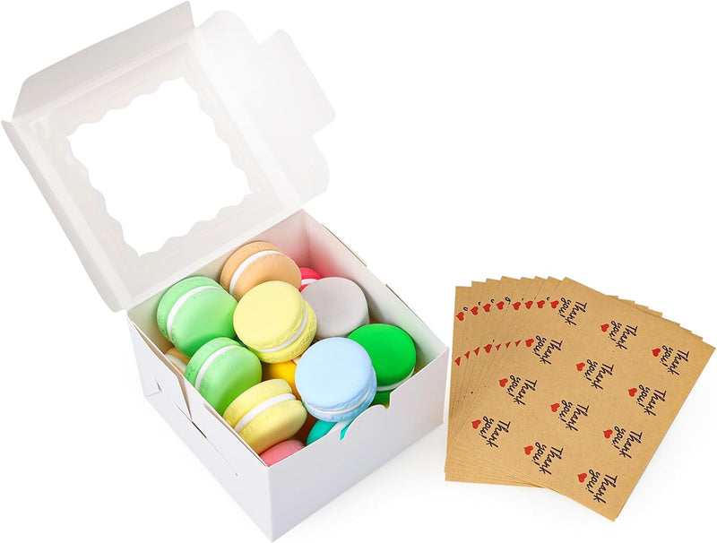 Moretoes 80pcs Small Cookie Boxes 4x4x2.5in White Bakery Boxes with Window Treat Boxes Cake Boxes for Dessert Pastry Macaron