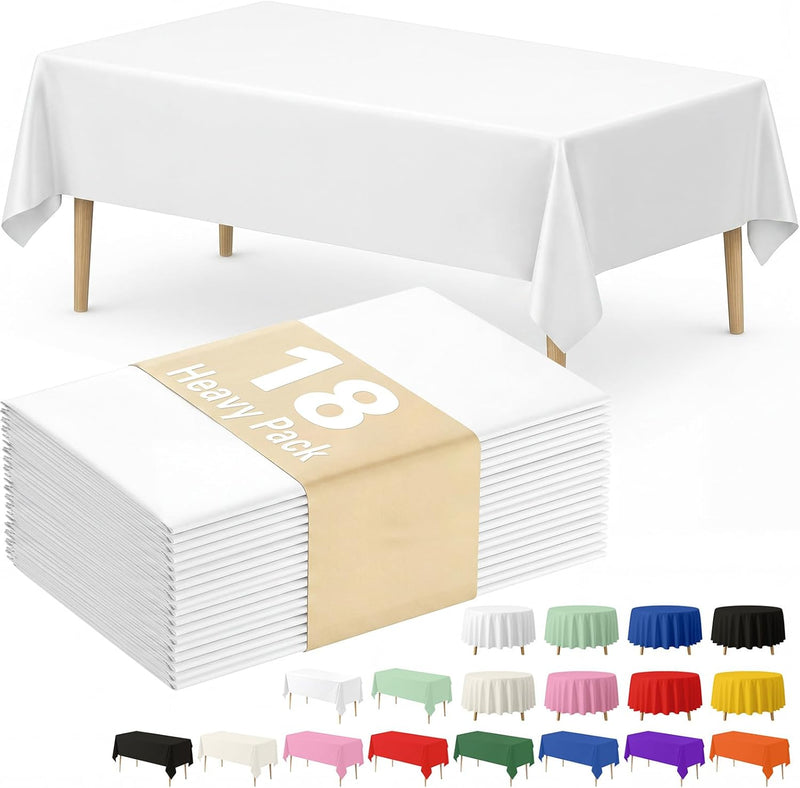 Fixwal White Plastic Table Cloth Disposable 54 x 108 Inch, Waterproof Rectangle Tablecloth 18 Pack for Soccer Party Decoration, Picnic, Birthday