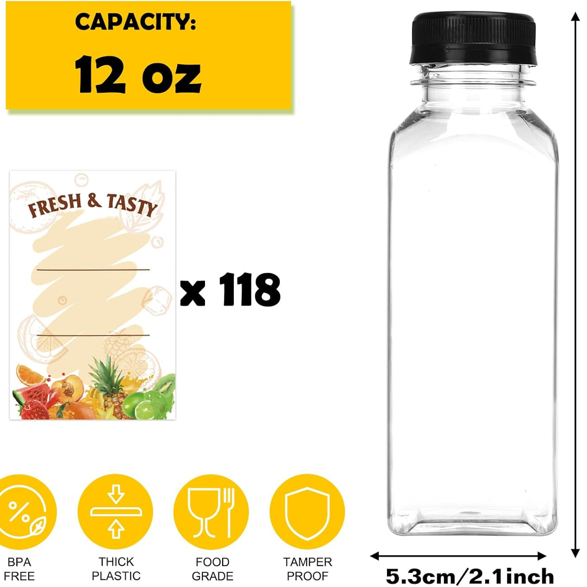 118pcs 12oz Empty Plastic Juice Bottles with Caps, Plastic Containers Bottles with Lids, Reusable Clear Bulk Beverage Containers for Juice, Milk, and Other Beverages