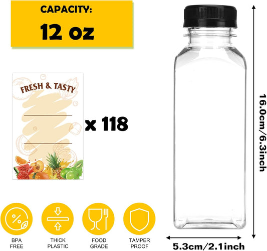 118pcs 12oz Empty Plastic Juice Bottles with Caps, Plastic Containers Bottles with Lids, Reusable Clear Bulk Beverage Containers for Juice, Milk, and Other Beverages