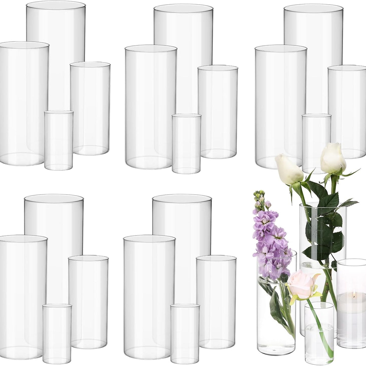 Fixwal 24pcs Clear Glass Cylinder Vases, 4, 6, 8, 10 Inch Tall Cylinder Vases for Centerpieces, Glass Flower Vase Floating Candle Holder Vase for Table Shelf, Party, Wedding, Home Decor