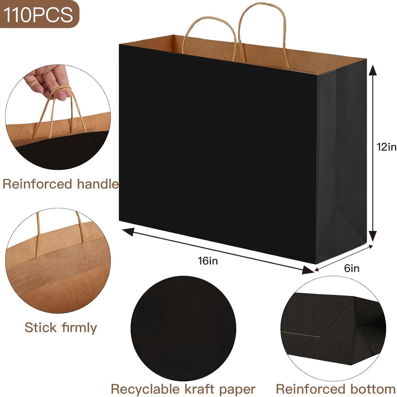 Moretoes 110pcs 16x6x12 Inches Paper Bags with Handles Bulk Large Gift Bags with Handles Black Paper Bags for Grocery, Merchandise, Gifts