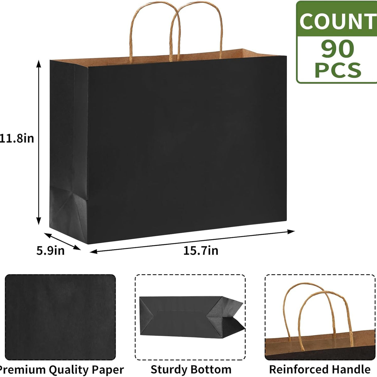 Moretoes 90pcs Black Gift Bags, 16x6x12 Inch Large Paper Bags with Handles Bulk for Boutiques, Grocery, Small Business, Mechandise, Party, Gifts & Merchandise