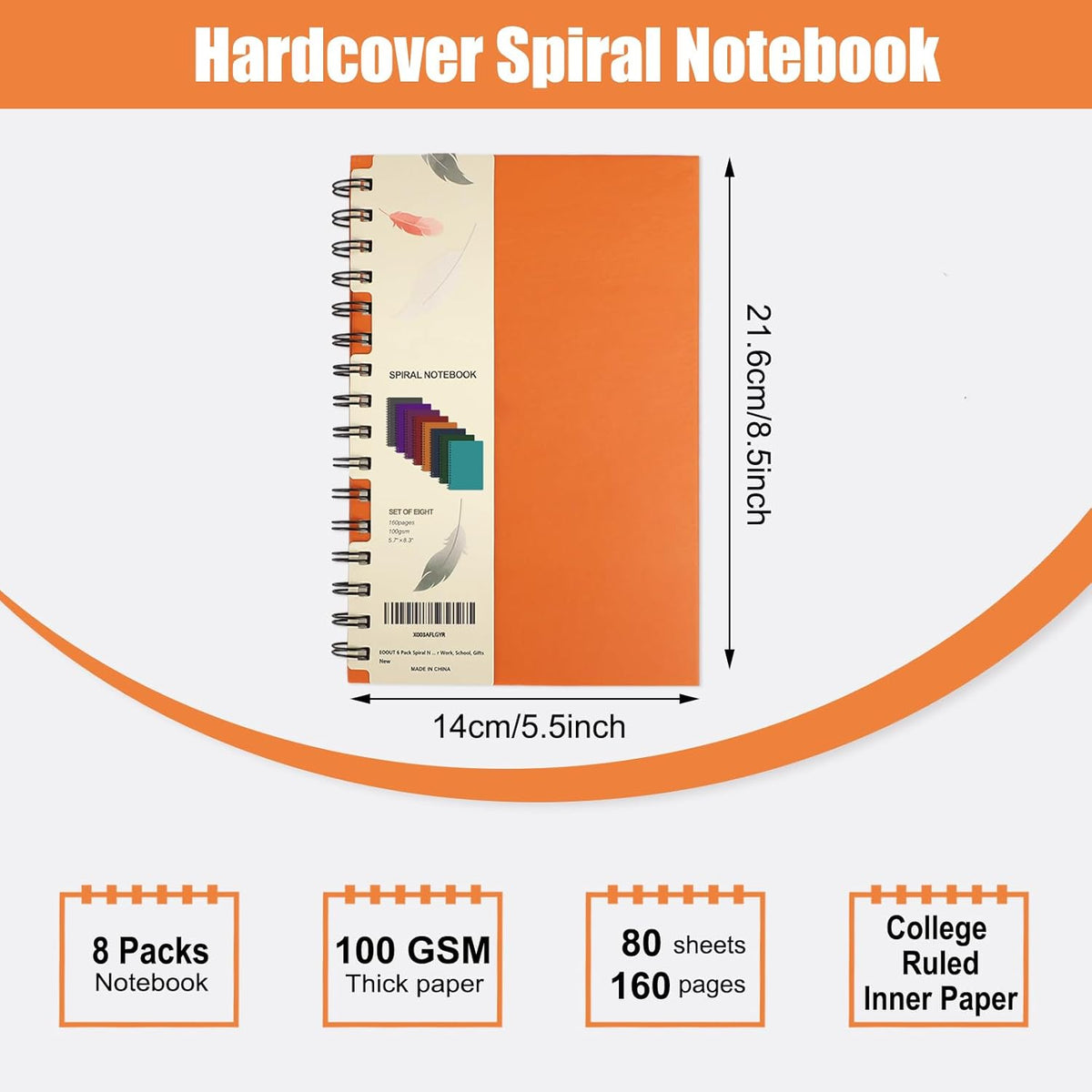 8 Pack Spiral Notebook, Hardcover A5 Notebooks, College Ruled Spiral Journals, Assorted Jewel Tone Colors, 160 Pages, 5.5"x8.5", for Work, School, Gifts