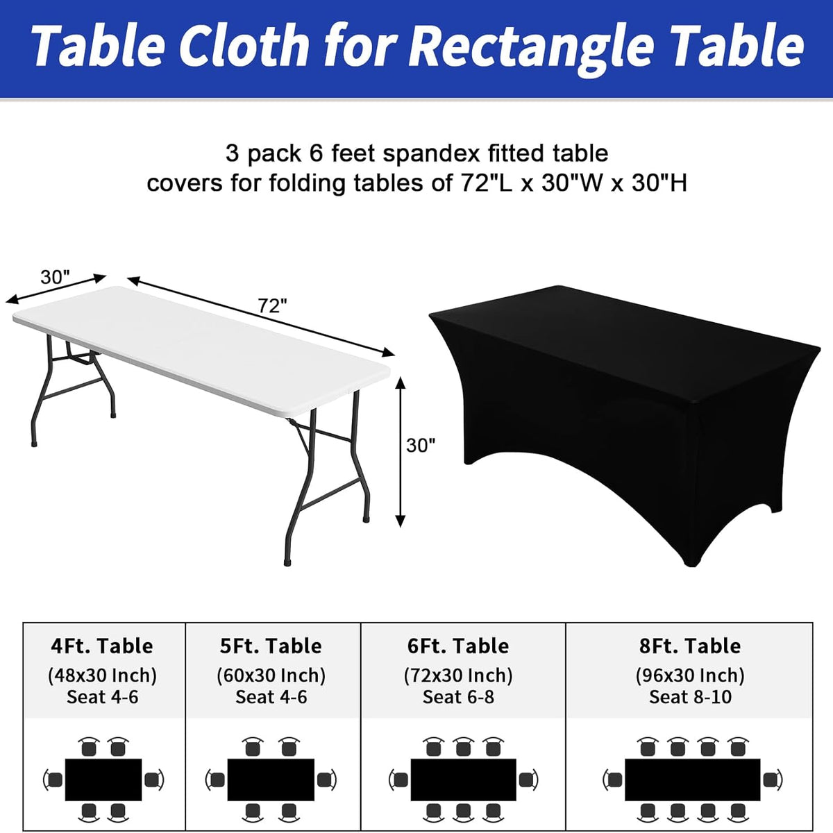 Fixwal 3 Pack Black Table Cloth for 6FT Rectangle Tables, Rectangular Tablecloths Stretch Spandex Fitted Table Covers 6FT for Party, Trade Show, Banquet, Wedding, Buffet, Graduation Decoration