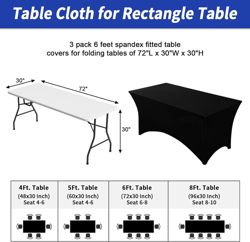 Fixwal 3 Pack Black Table Cloth for 6FT Rectangle Tables, Rectangular Tablecloths Stretch Spandex Fitted Table Covers 6FT for Party, Trade Show, Banquet, Wedding, Buffet, Graduation Decoration