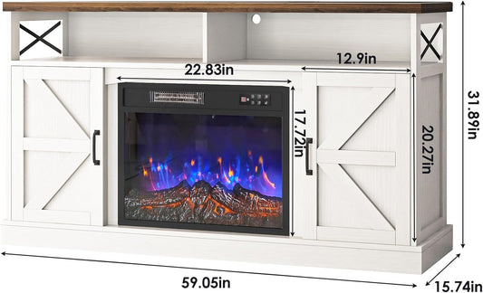 TV Stand with Fireplace, 59in Entertainment Center with LED Lights, for 65 inch TVs, with Opening Shelves and Storage Cabinets, for Living Room, White