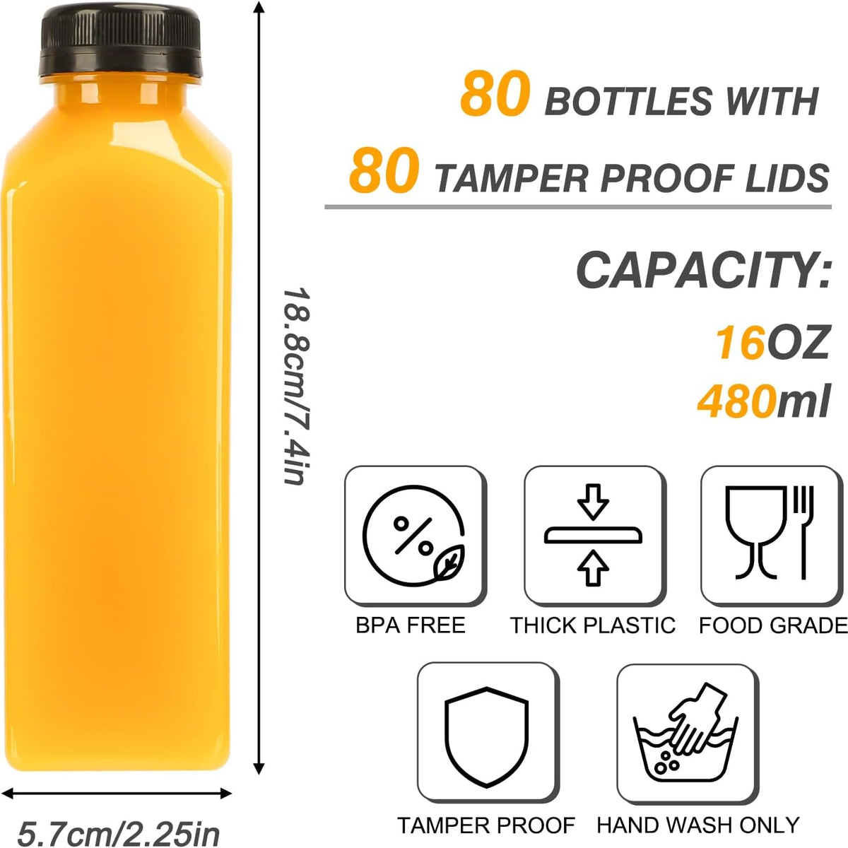 80pcs Juice Bottles, 16oz Reusable Plastic Juice Bottles with Caps and Labels, Funnel, Brush Beverage Containers for Juicing, Smoothies, Tea, Milk