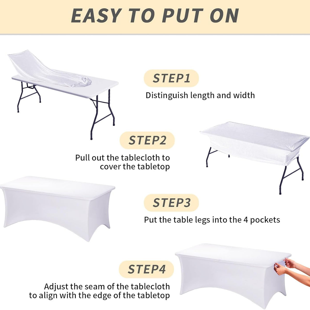 Fixwal 6 Pack 8ft Spandex Table Covers for 8 Foot Tables, Fitted Tablecloths Rectangle Folding Tables, Stretch Rectangular Table Cloths for Wedding, Banquet, Party (White, 96L x 30W x 30H Inch)