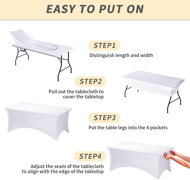 Fixwal 6 Pack 8ft Spandex Table Covers for 8 Foot Tables, Fitted Tablecloths Rectangle Folding Tables, Stretch Rectangular Table Cloths for Wedding, Banquet, Party (White, 96L x 30W x 30H Inch)
