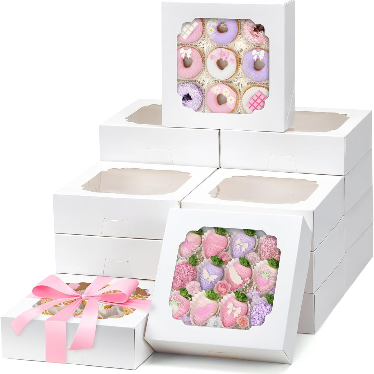 Moretoes 45pcs Bakery Boxes, 8x8x2.5 Inches Cookie Boxes with Window Treat Container for Pie, Strawberry Chocolate, Cakes, Pastries