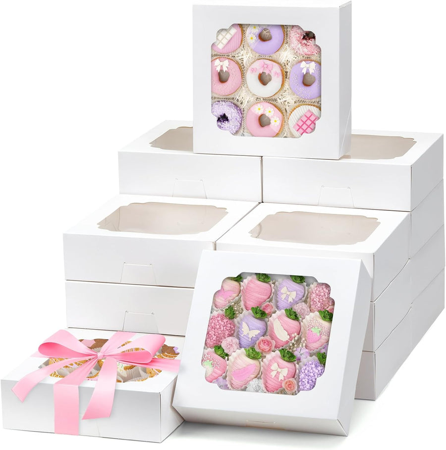 45pcs Bakery Boxes, 8x8x2.5 Inches Cookie Boxes with Window Treat Container for Pie, Strawberry Chocolate, Cakes, Pastries