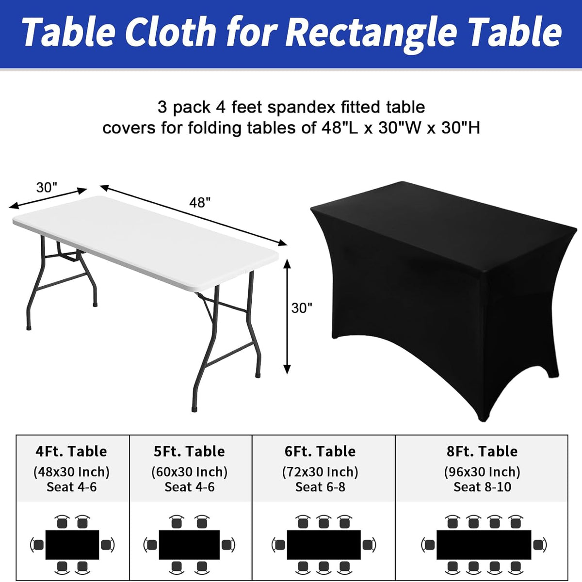 Fixwal 3 Pack Black Table Cloths Rectangle 4ft, Stretch Spandex Fitted Table Covers for Parties, Trade Shows, Banquet, Weddings, Buffet, Graduation Decorations