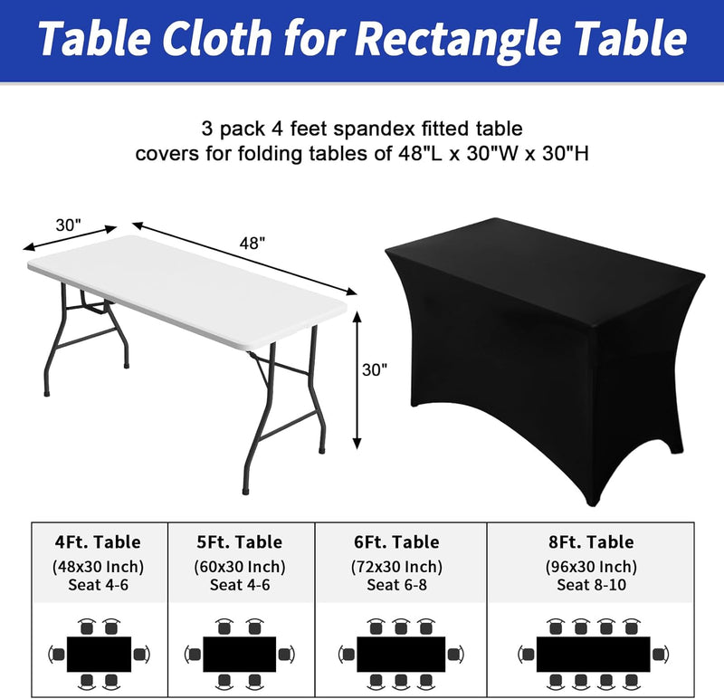 Fixwal 3 Pack Black Table Cloths Rectangle 4ft, Stretch Spandex Fitted Table Covers for Parties, Trade Shows, Banquet, Weddings, Buffet, Graduation Decorations