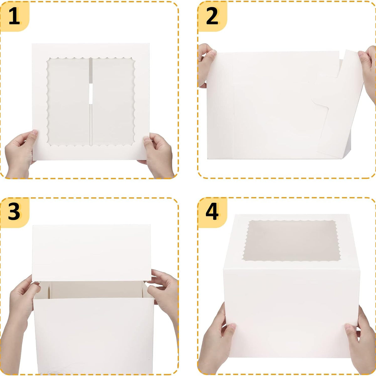 Moretoes 10 Sets Cake Boxes with Boards, 10x10x8 Inches Tall Bakery Boxes with Cake Boards with Window, Cajas Pasteles for Valentine's Day, Mother's Day, Pastries, Chocolates, Cookies, Pie