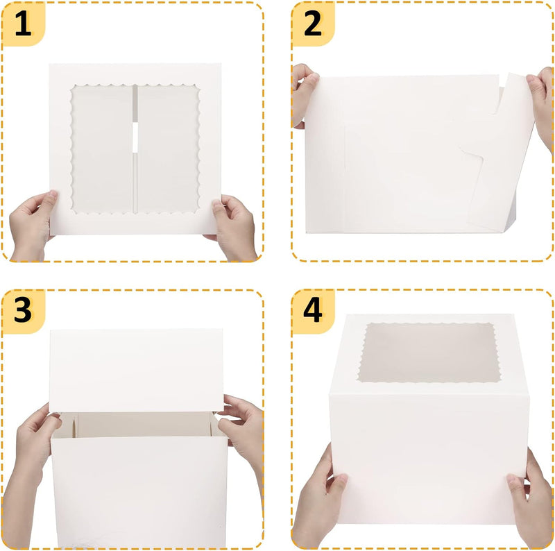 Moretoes 10 Sets Cake Boxes with Boards, 10x10x8 Inches Tall Bakery Boxes with Cake Boards with Window, Cajas Pasteles for Valentine's Day, Mother's Day, Pastries, Chocolates, Cookies, Pie