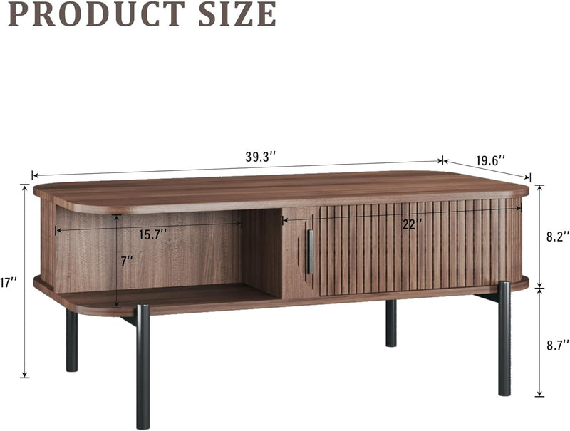 Coffee Table, 39.4" Fluted Coffee Table for Living Room, Mid Century Modern Table with Sliding Cabinet Door 2-Tier Rustic Wood Desktop with Storage Open Shelf, Walnut