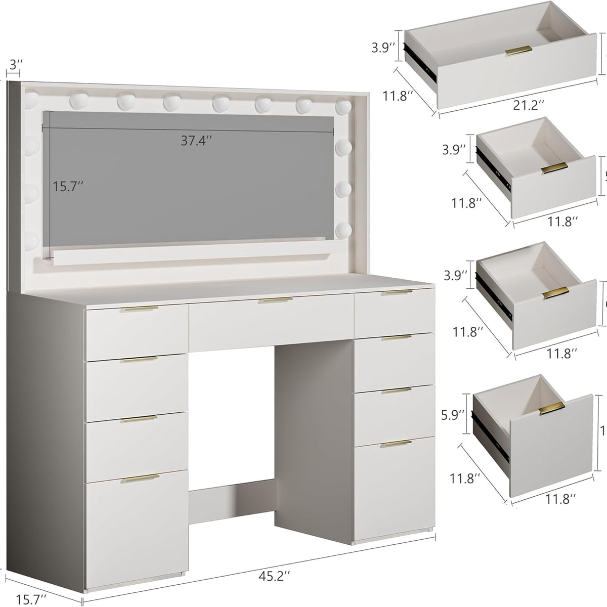 Vanity Desk with Large Mirror and Lights, 45.3in Makeup Vanity with Power Outlet 9 Drawers & Storage, 3 Lighting Color Adjustable, White Vanity Desk for Bedroom