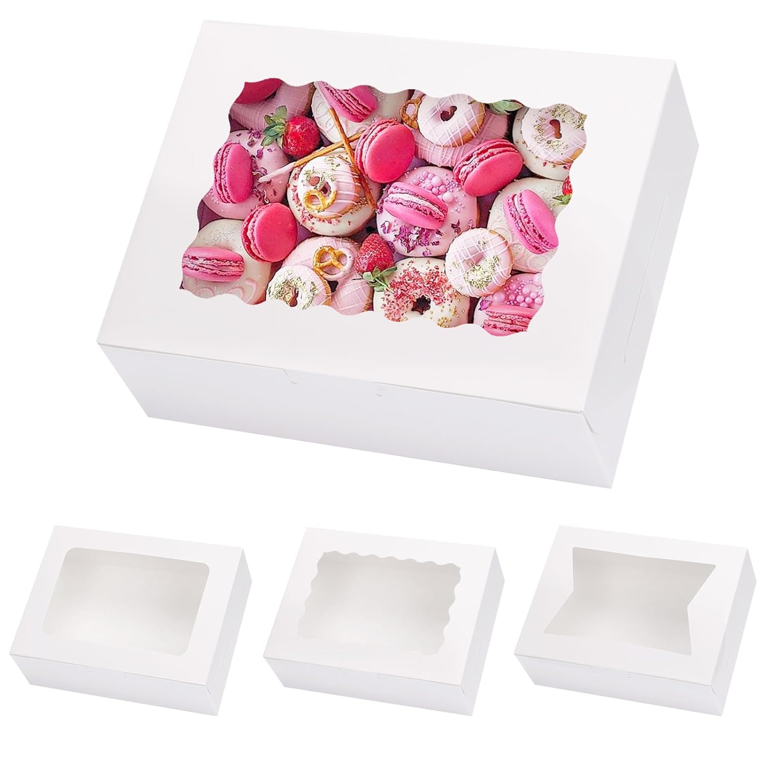 Moretoes 48pcs Cookie Boxes with Window, 8x6x2.5 Inch 3 Style Pastry Boxes for Treat, Chocolate Covered Strawberries, Candy, Muffins, Donuts