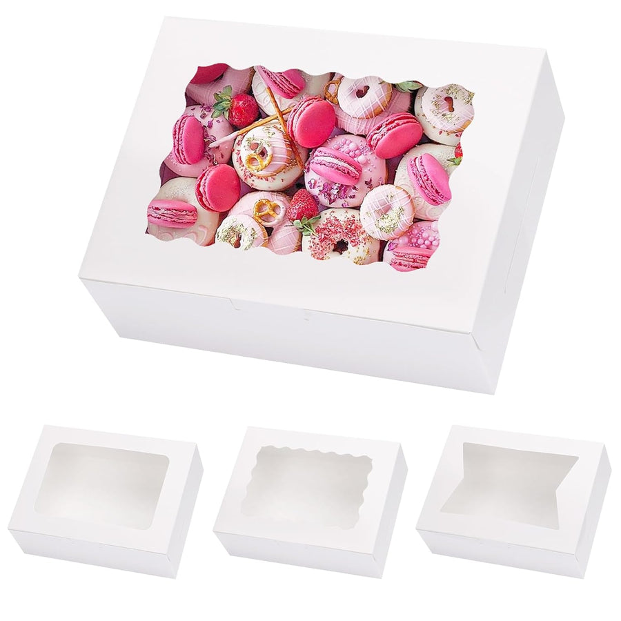 48pcs Cookie Boxes with Window, 8x6x2.5 Inch 3 Style Pastry Boxes for Treat, Chocolate Covered Strawberries, Candy, Muffins, Donuts