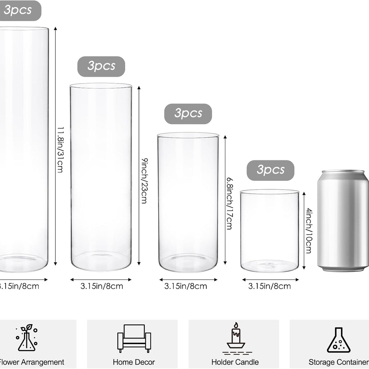 12pcs Glass Cylinder Vase 4, 6.8, 9, 11.8 Inch Glass Candle Holder Clear Vases for Centerpieces Tall Flower Vase for Wedding Home Decor Party 4 Different Sizes