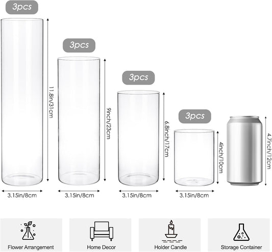 12pcs Glass Cylinder Vase 4, 6.8, 9, 11.8 Inch Glass Candle Holder Clear Vases for Centerpieces Tall Flower Vase for Wedding Home Decor Party 4 Different Sizes