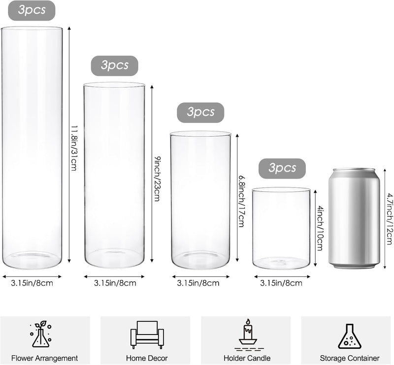 12pcs Glass Cylinder Vase 4, 6.8, 9, 11.8 Inch Glass Candle Holder Clear Vases for Centerpieces Tall Flower Vase for Wedding Home Decor Party 4 Different Sizes