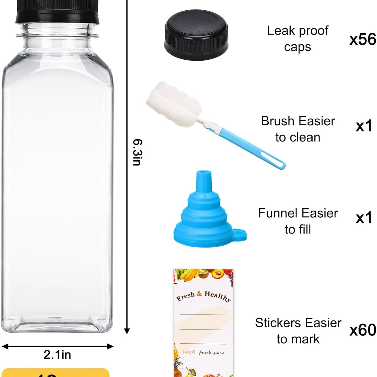 Moretoes 56pcs 12oz Juice Bottles with Caps, Plastic Bottles with Brush Funnel and Labels for Juice and Other Beverages