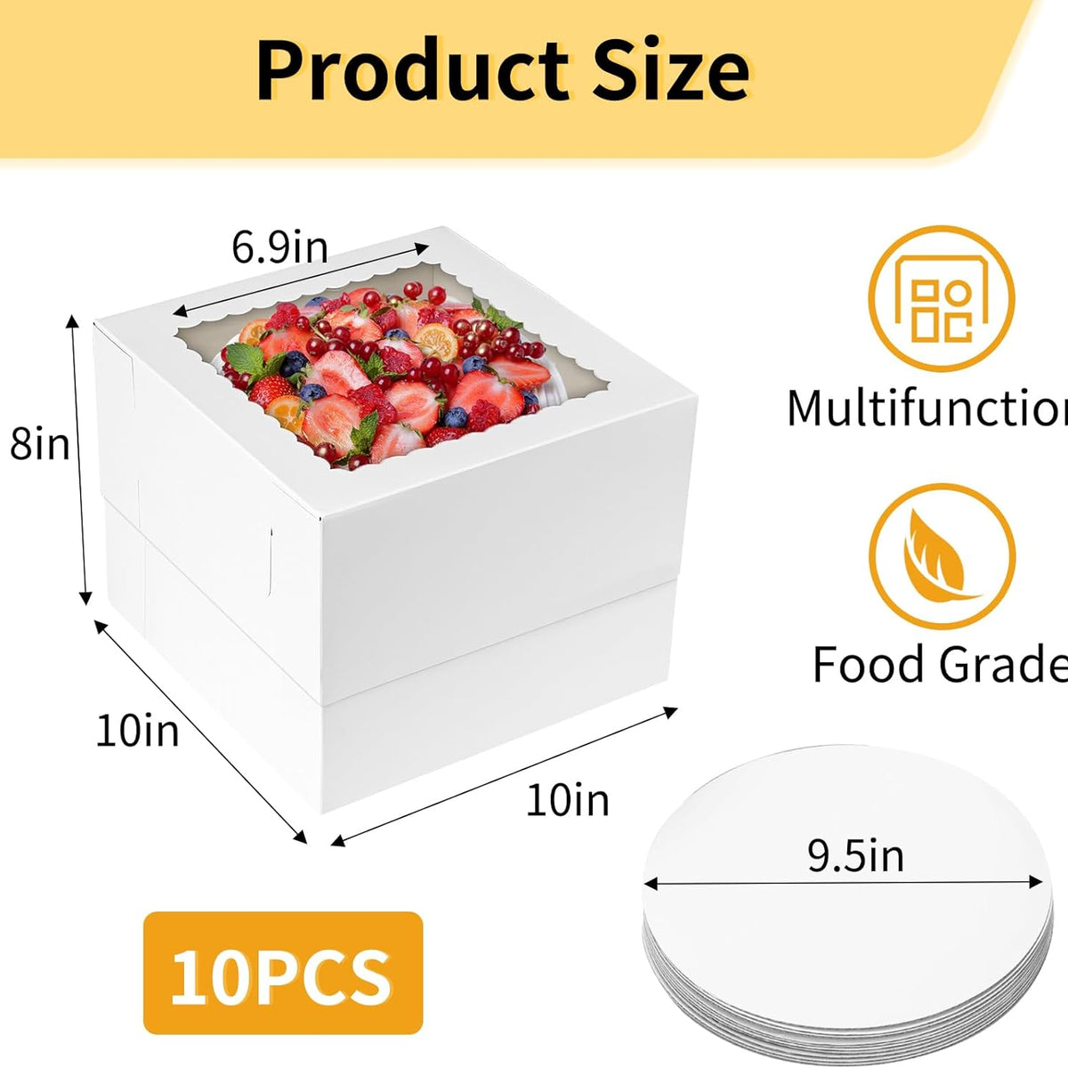 Moretoes 10 Sets Cake Boxes with Boards, 10x10x8 Inches Tall Bakery Boxes with Cake Boards with Window, Cajas Pasteles for Valentine's Day, Mother's Day, Pastries, Chocolates, Cookies, Pie