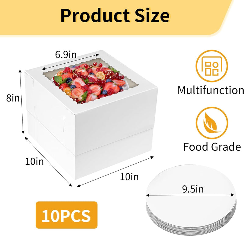 Moretoes 10 Sets Cake Boxes with Boards, 10x10x8 Inches Tall Bakery Boxes with Cake Boards with Window, Cajas Pasteles for Valentine's Day, Mother's Day, Pastries, Chocolates, Cookies, Pie