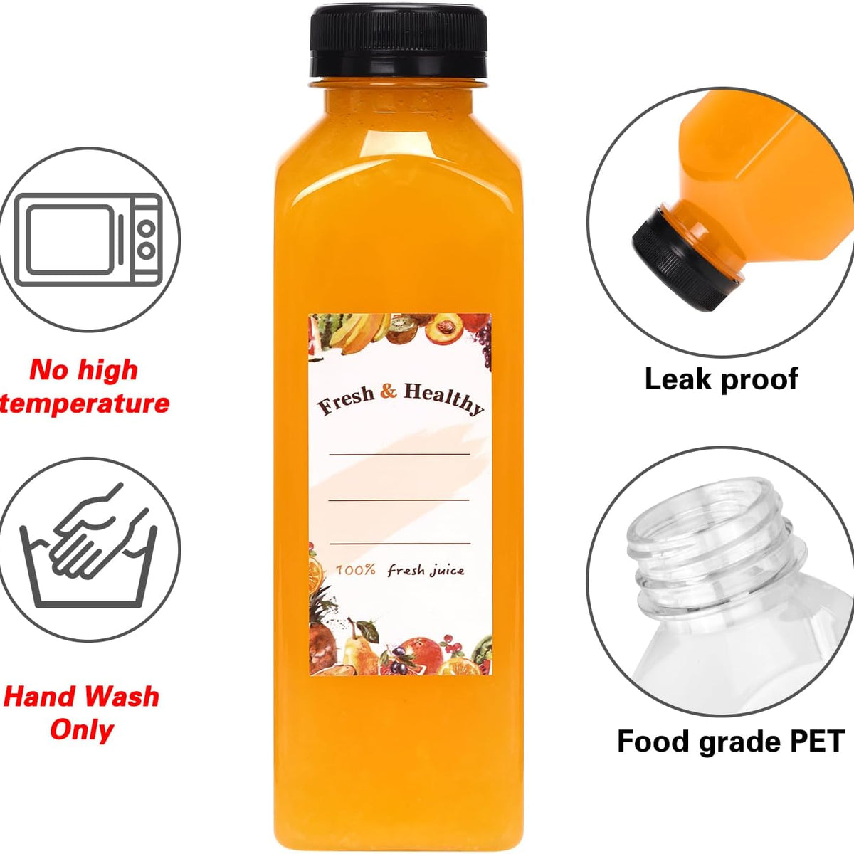 Moretoes 36pcs 16oz Juice Bottles, Plastic Bottles with Lids, Reusable Clear Containers for Juice, Smoothies, Cola, Water and Other Beverages