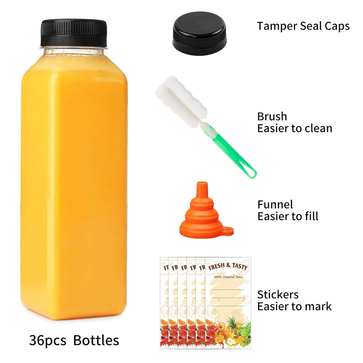 36pcs 16oz Empty Plastic Juice Bottles with Caps, Reusable Clear Bulk Beverage Containers for Juice, Milk, Smoothie, and Other Beverages