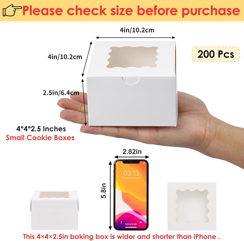 Moretoes 200pcs Small Cookie Boxes, 4x4x2.5 Inch White Bakery Boxes with Window for Pastries, Treats, Cupcakes, Donuts, Candy, Strawberries
