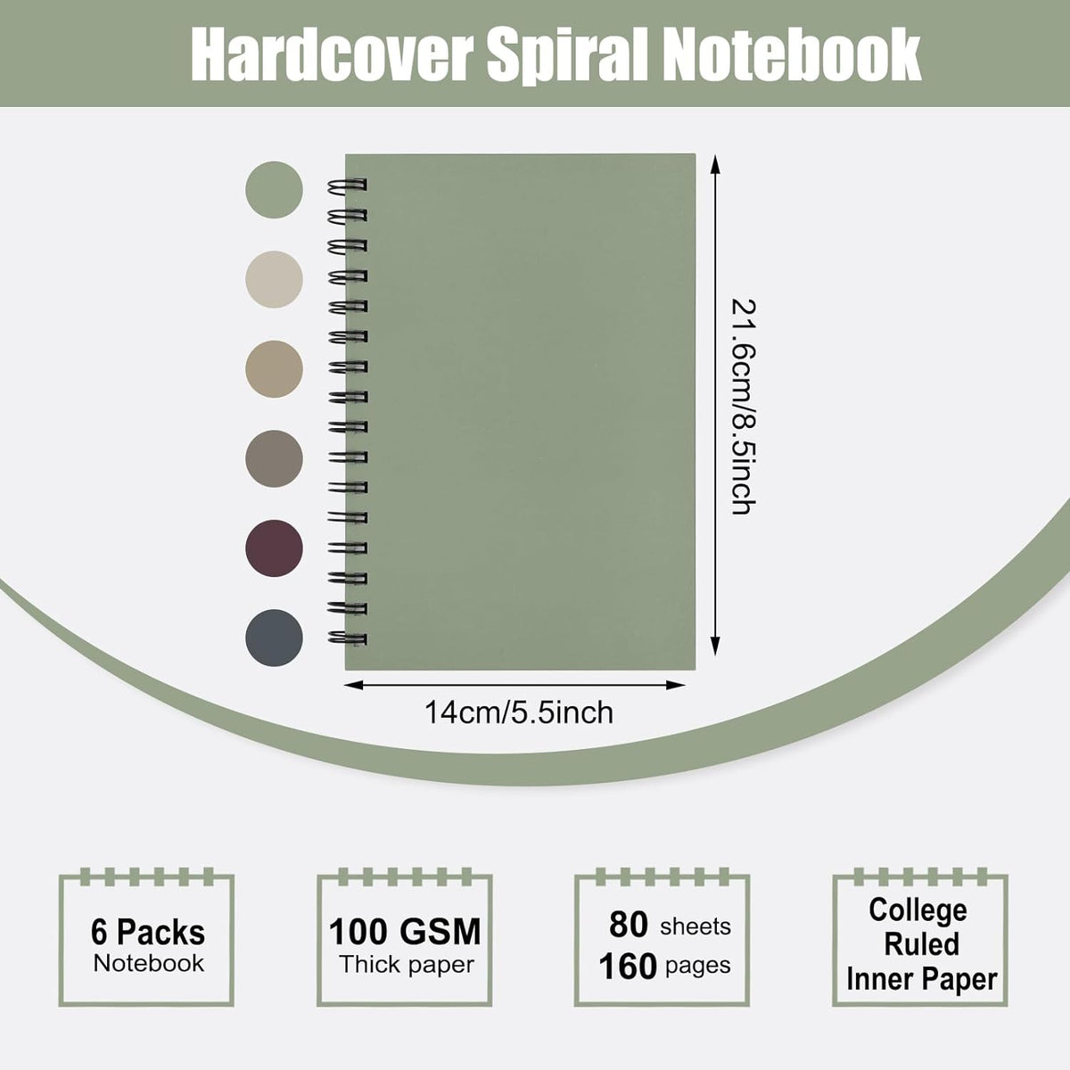 6pcs Spiral Notebook 5.5” x 8.5” Hardcover College Ruled Journals, A5 160 Pages Assorted Morandi Tone Colors for Work Office School Supplies