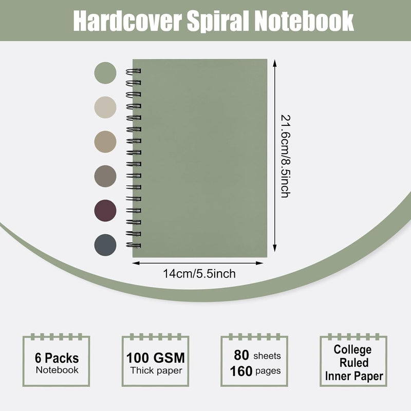 6pcs Spiral Notebook 5.5” x 8.5” Hardcover College Ruled Journals, A5 160 Pages Assorted Morandi Tone Colors for Work Office School Supplies