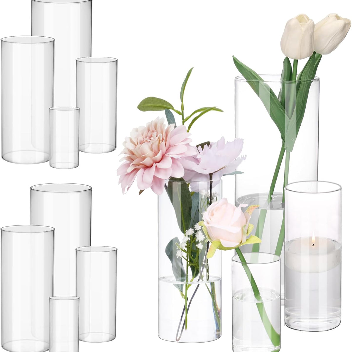 Fixwal 12pcs Clear Glass Cylinder Flower Vases, 4, 6, 8, 10 Inch Tall Cylinder Vases for Centerpieces, Glass Flower Vase Floating Candle Holder Vase for Table Shelf, Party, Wedding, Home Decor