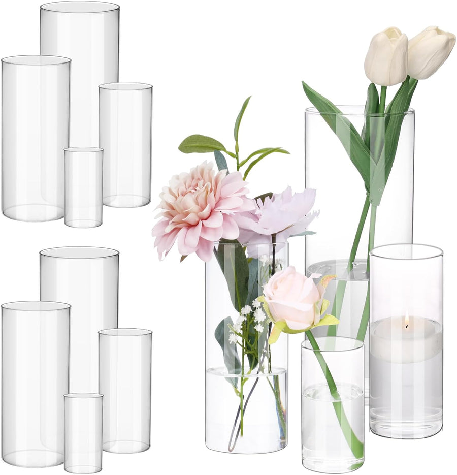 12pcs Clear Glass Cylinder Flower Vases, 4, 6, 8, 10 Inch Tall Cylinder Vases for Centerpieces, Glass Flower Vase Floating Candle Holder Vase for Table Shelf, Party, Wedding, Home Decor