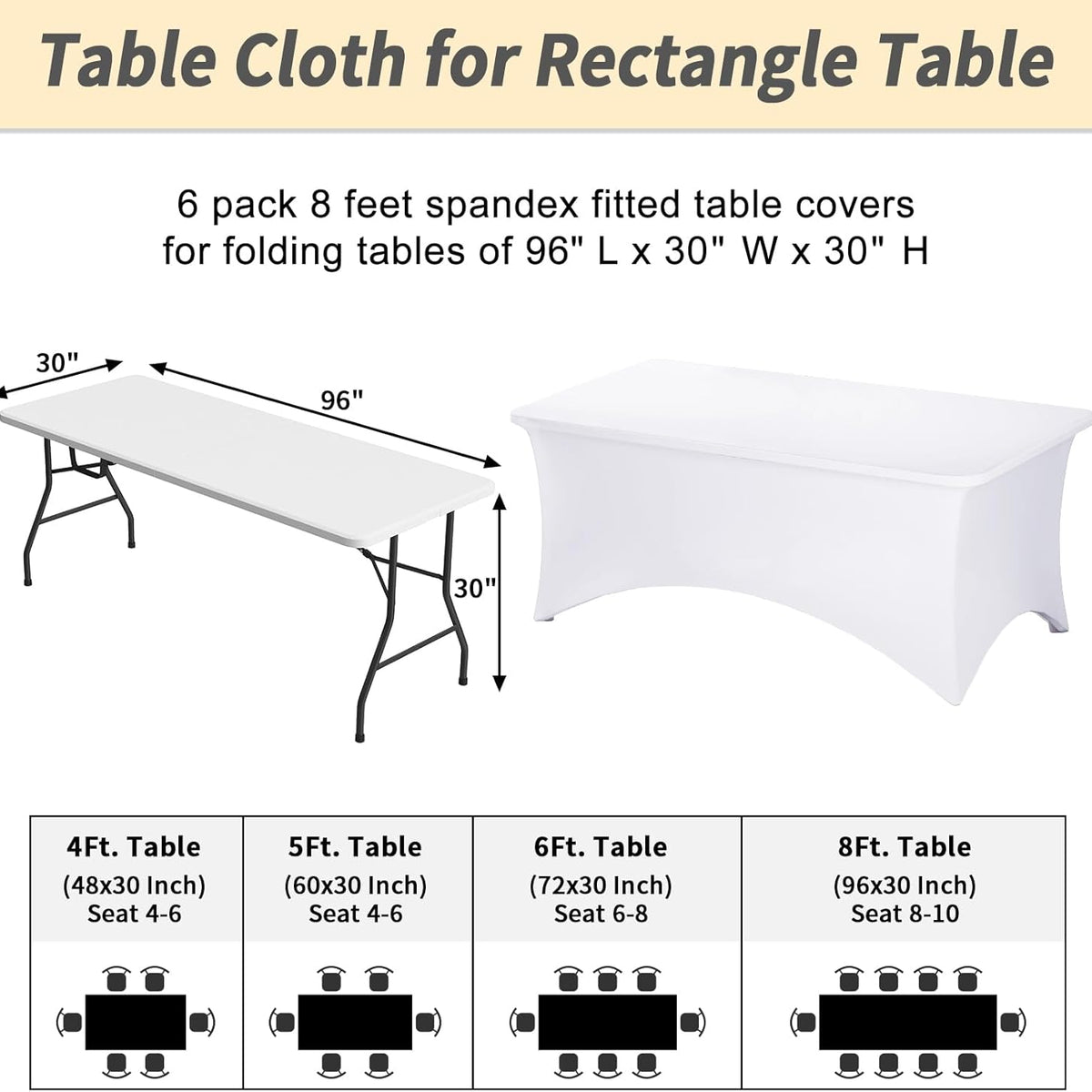 Fixwal 6 Pack 8ft Spandex Table Covers for 8 Foot Tables, Fitted Tablecloths Rectangle Folding Tables, Stretch Rectangular Table Cloths for Wedding, Banquet, Party (White, 96L x 30W x 30H Inch)